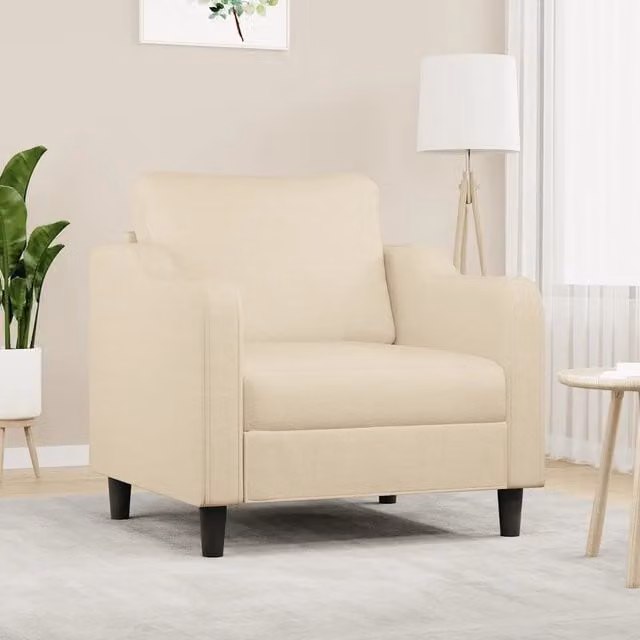 Poltrona moderna in tessuto beige con struttura in metallo e braccioli per il tuo relax in soggiorno