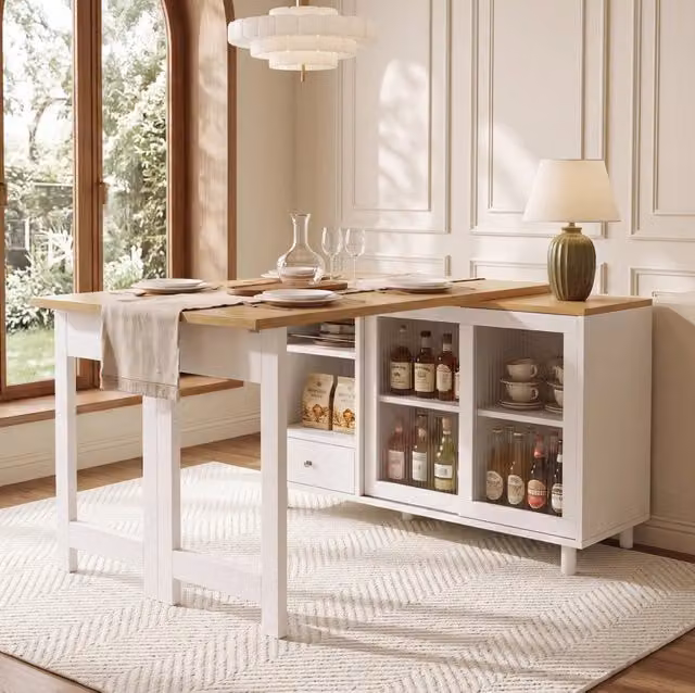 Tavolo da pranzo pieghevole ed estensibile ULEVR 120x40x75,5 cm con contenitore e anta scorrevole in vetro, bianco