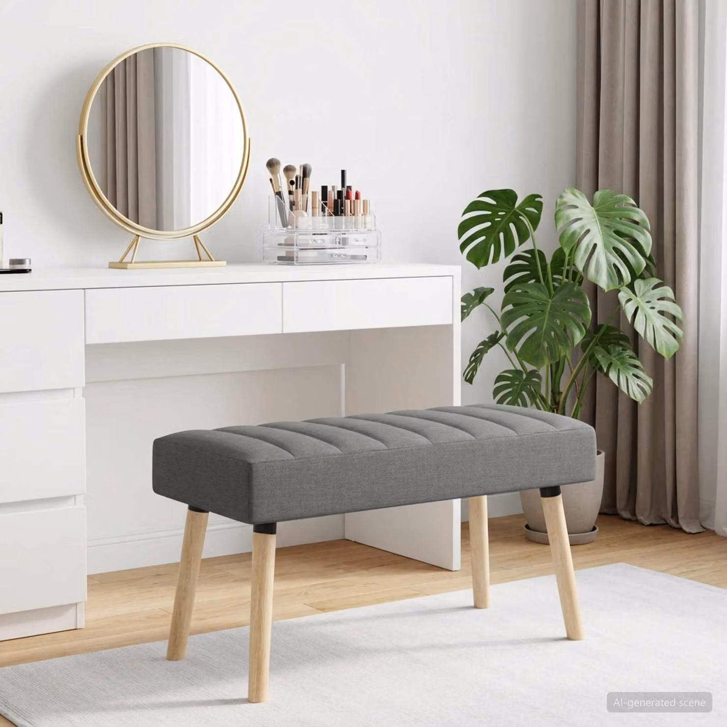 Panchina trapuntata a canale moderna vidaXL in tessuto grigio con struttura in legno di gomma L: 80 cm, P: 40 cm, H: 46 cm