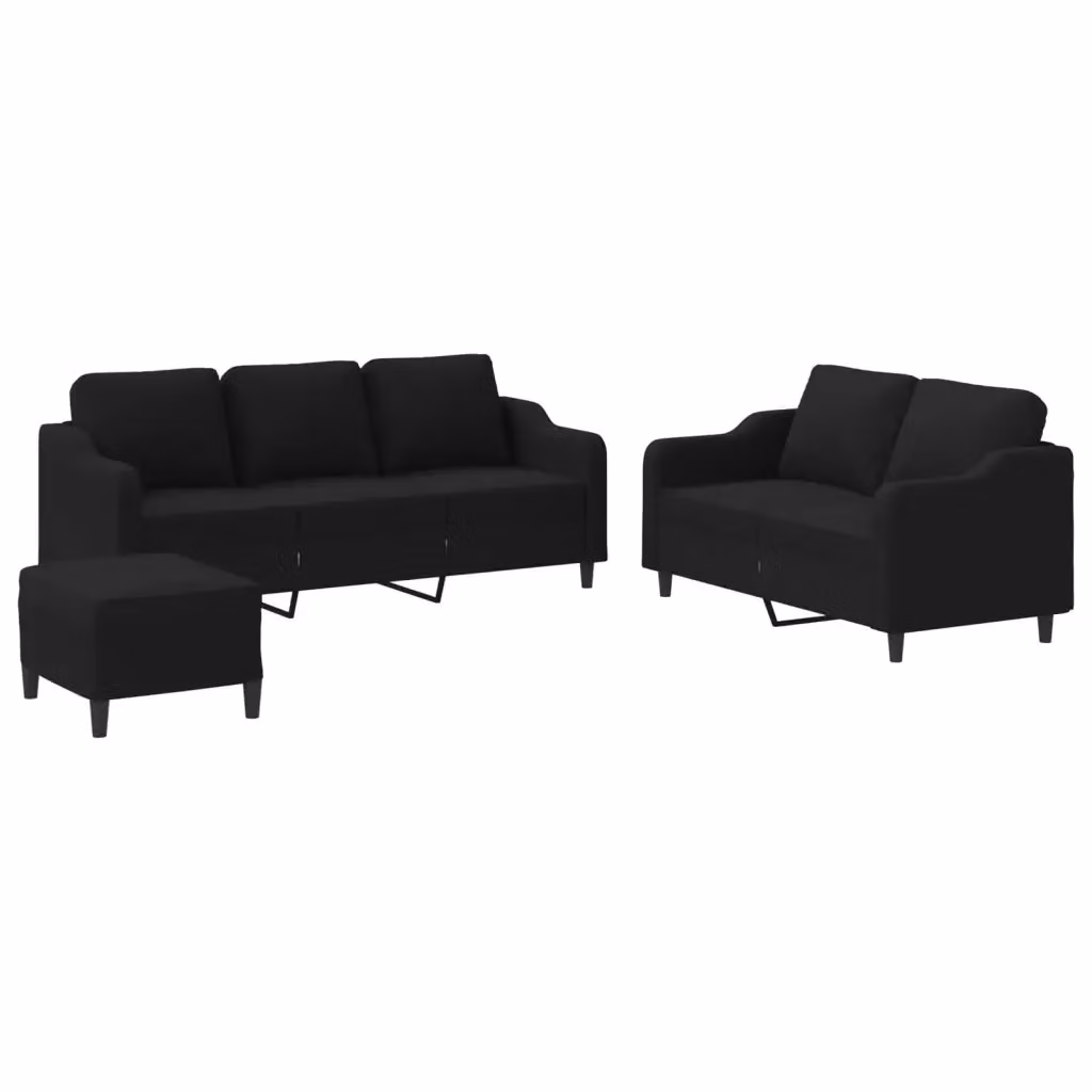 Set di divani vidaXL composto da un divano a 3 posti, un divano a 2 posti e un pouf, in tessuto nero con cuscini, design moderno per soggiorno – 2