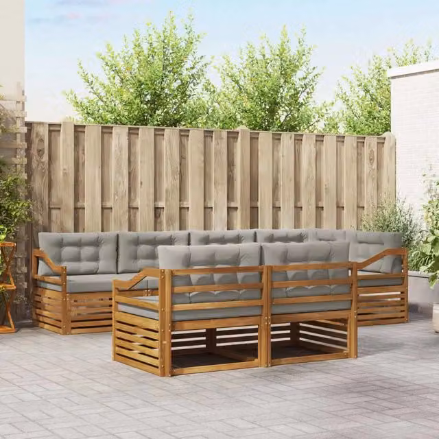 Set di divani da esterno vidaXL a forma di L composto da 7 pezzi in legno di acacia e tessuto grigio con cuscini inclusi