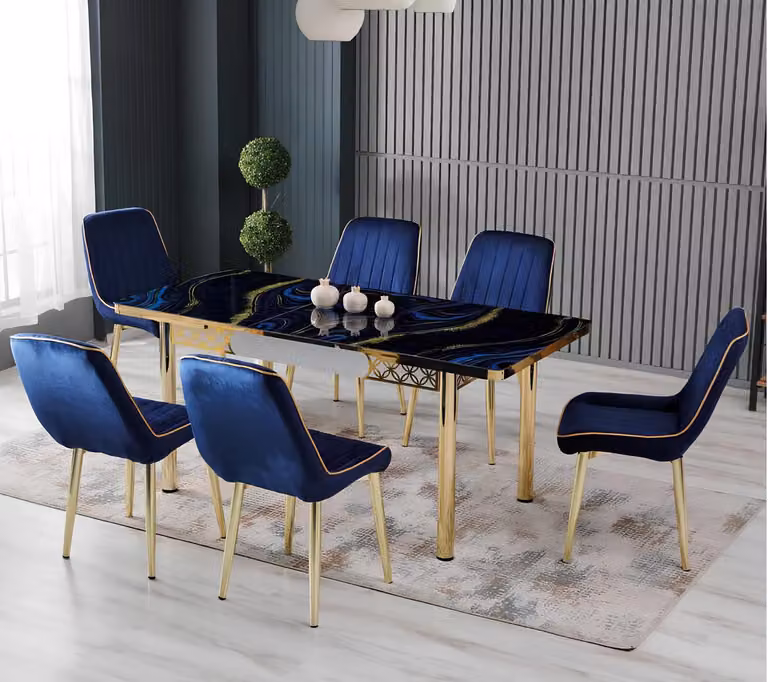 Tavoli da pranzo, set da pranzo, sedie, forma rettangolare, colore blu, design moderno, lusso, nuovi