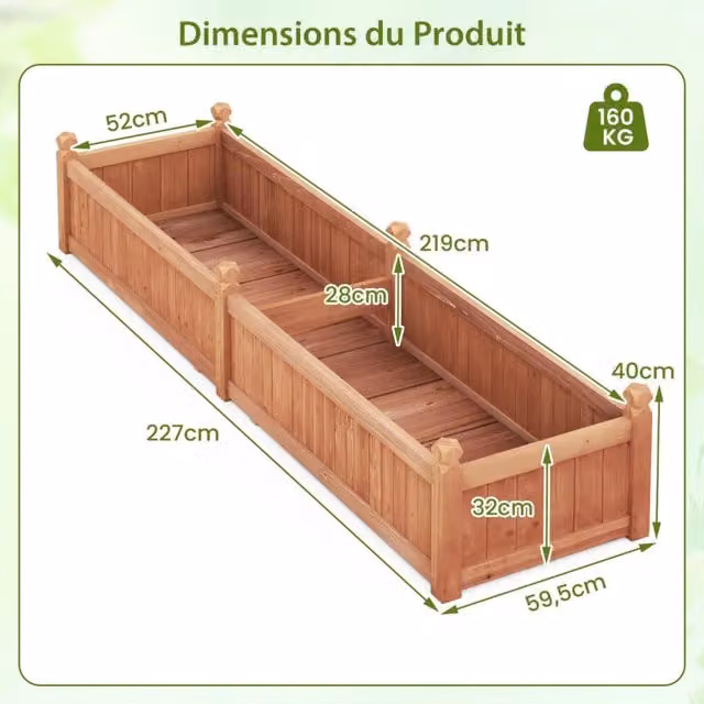 Letto Rialzato da Giardino in Legno di Abete 227x59x40 cm con Divisori e Sistema di Drenaggio Fioriera per Orto e Piante Marrone Rustico