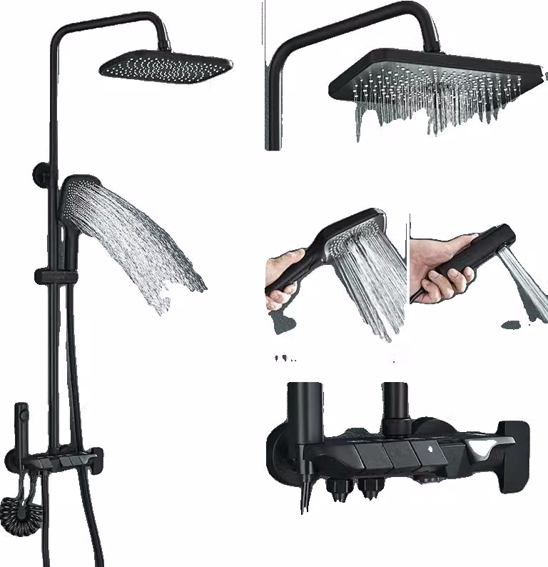 Set di sistemi doccia, struttura in ottone resistente, opzioni doccia versatili, nero