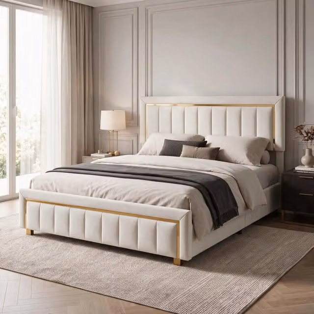 Letto Matrimoniale 160 x 200 cm;Letto Contenitore con contenitore idraulico;Testiera imbottita regolabile;Velluto;Beige
