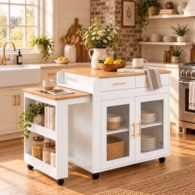 Desviae Isola da cucina con tavolo estraibile prese USB e vani contenitore in pannello di particelle bianco 177 × 60 × 89,5 cm