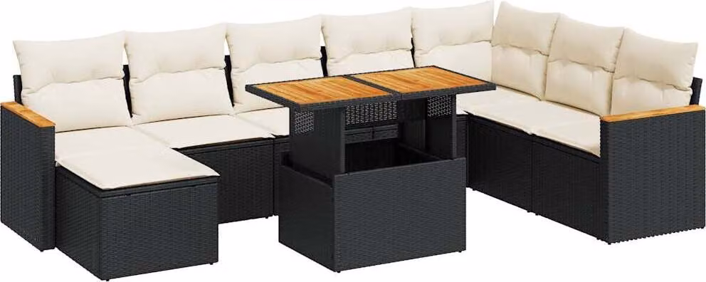 Set Divani da Giardino 9 pz con Cuscini Nero Polyrattan Acacia