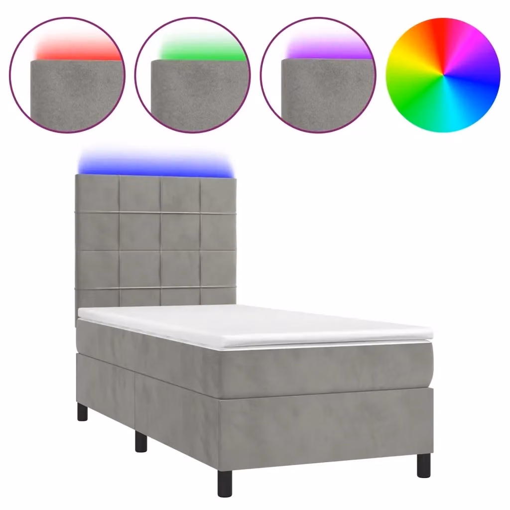 Letto matrimoniale con materasso ibrido e illuminazione LED vidaXL in velluto grigio chiaro, L/P/H: 90 x 200 cm – 2