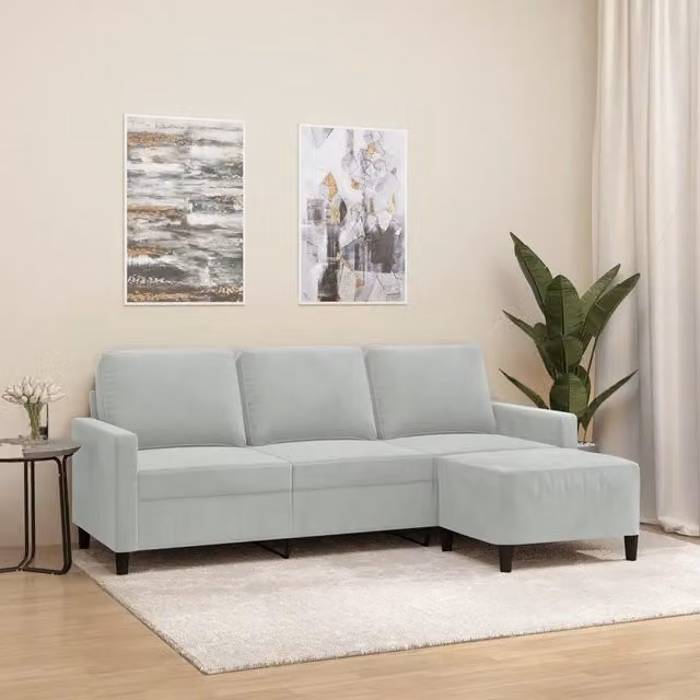 Divano a 3 posti con poggiapiedi vidaXL in velluto grigio con struttura in metallo e MDF L: 198 cm, P: 80 cm, H: 77 cm – 1