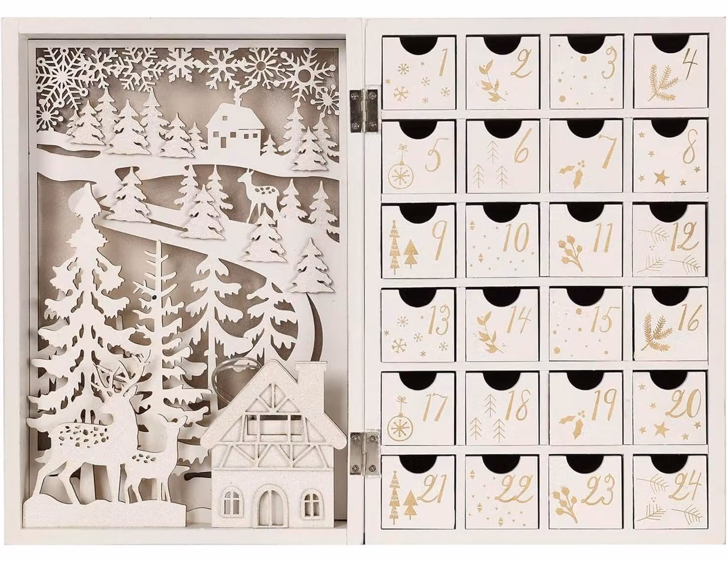 Calendario dell'Avvento in legno con 24 cassetti, illuminazione LED e decorazione a tema villaggio, ideale per essere riempito