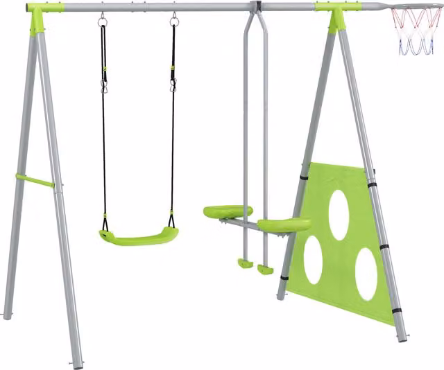 AIYAPLAY Gioco per Bambini 4 in 1 con Torre di Gioco, 2 Altalene, Canestro e Porta da Calcio, L/P/H: 180 x 180 x 182 cm, Verde e Grigio – 1