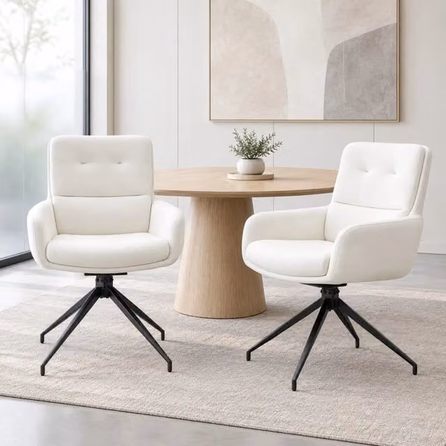 Set di 2 sedie da pranzo girevoli a 360° MIVRAY in similpelle PU bianca con gambe in metallo nero e schienale inclinato