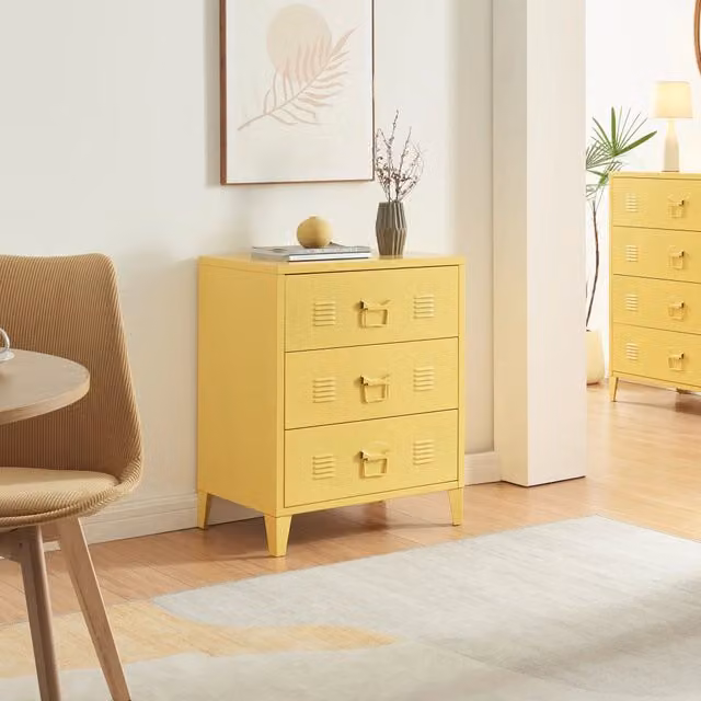 Cassettiera Hämeenlinna en.casa in acciaio con 3 cassetti, colore giallo, L 72 cm x P 60 cm x H 40 cm