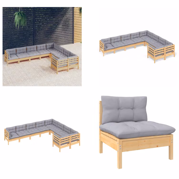 vidaXL Set salotto da giardino 9 pezzi con cuscini grigi in legno di pino - Set salotto da giardino - Set salotto da giardino - Set mobili da giardino - Set mobili da giardino