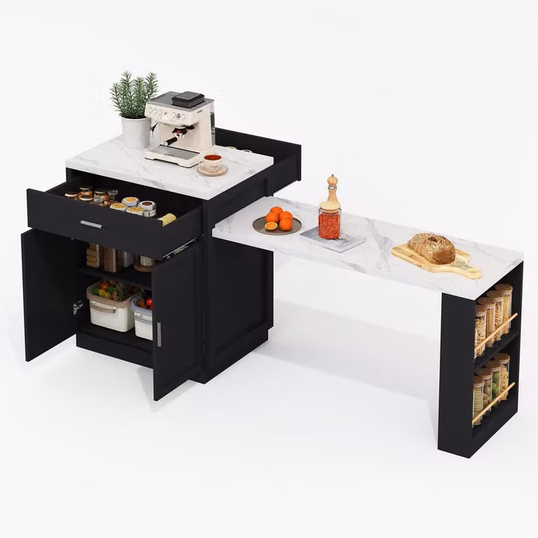 Isola da cucina con tavolo allungabile, dimensioni 211x55x89,5 cm, colore nero/bianco