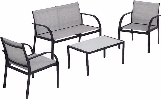 Set Salotto da Esterno Garden Friend con Divano a 2 Posti, 2 Poltrone e Tavolino in Vetro, Struttura in Acciaio Verniciato a Polvere e Tessuto Textilene, Grigio e Nero