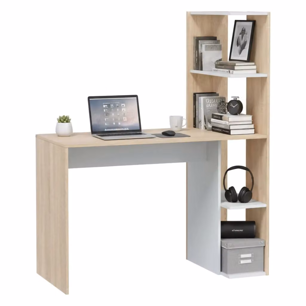 Scrivania Abba DMORA con libreria, tavolo ufficio moderno Bianco e Rovere, L: 110 cm, P: 52 cm, H: 136 cm – 2