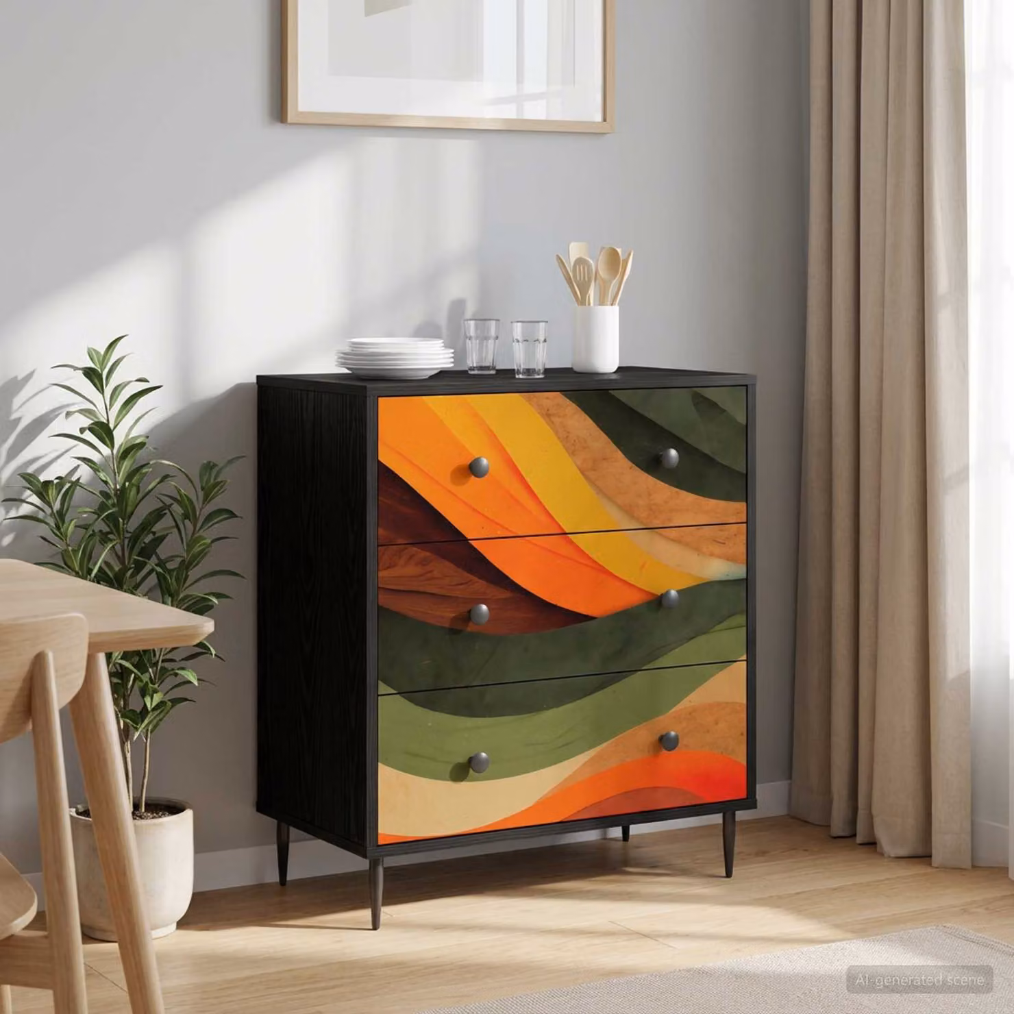 Cassettiera vidaXL BONN con stampa abstract retro wave, multicolore nero, L 66 x P 36,5 x H 76 cm
