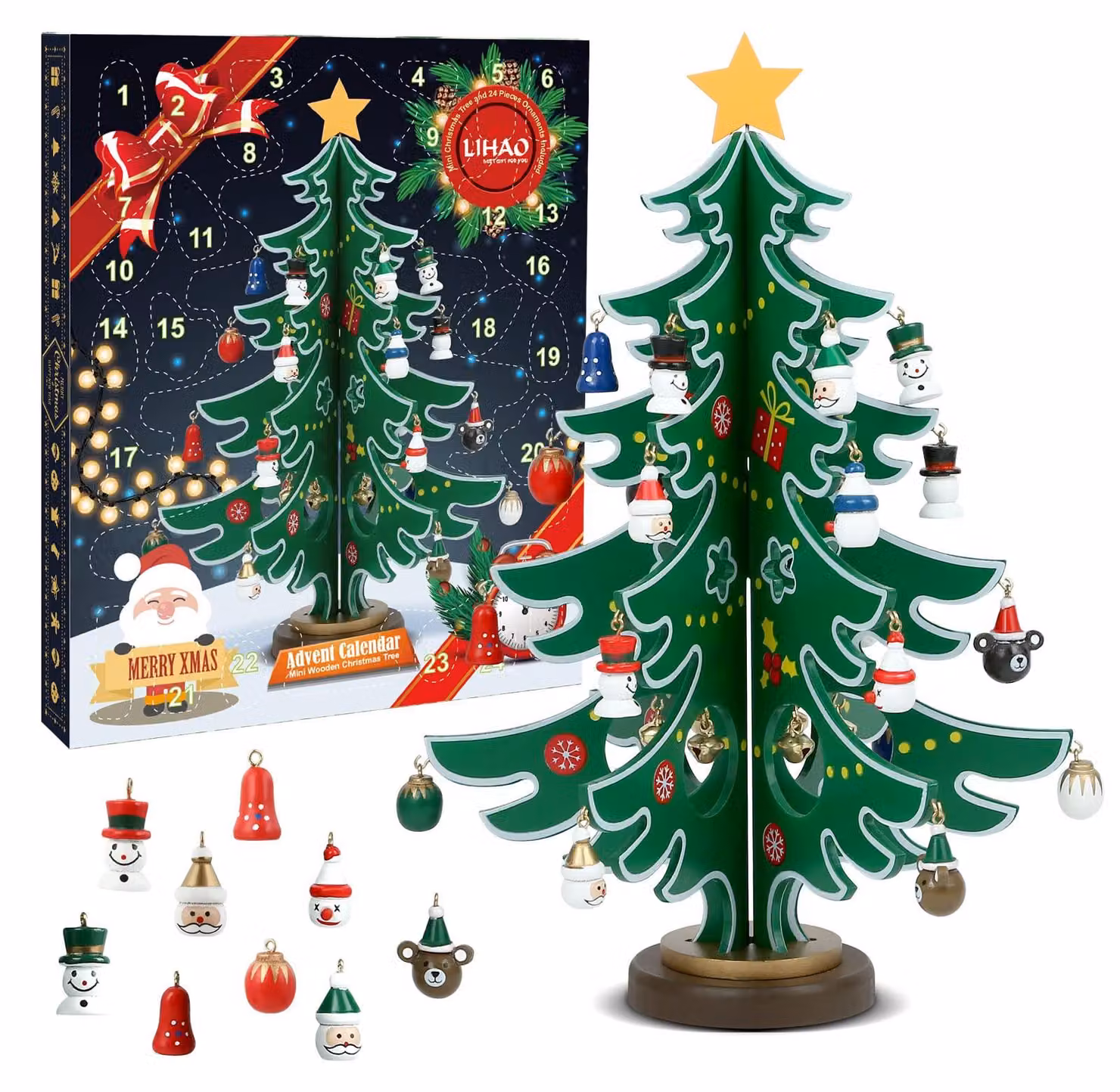 Mini calendario dell'Avvento a forma di albero di Natale, con 24 decorazioni