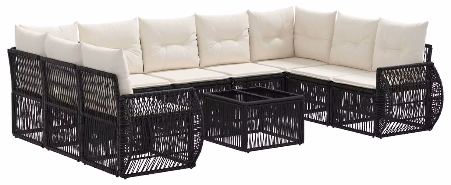 Set Divano da Giardino 10 pcs Nero e Bianco Crema polyrattan