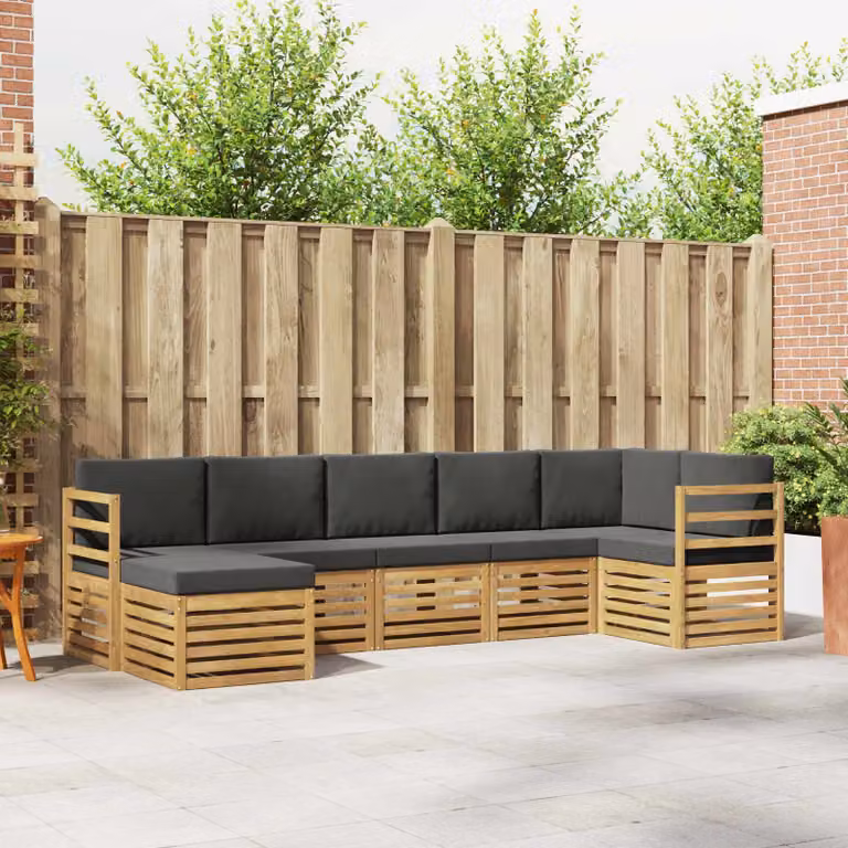 vidaXL Set di divani da esterno 7 pz a forma di L in legno di acacia con cuscini Bianco e Antracite