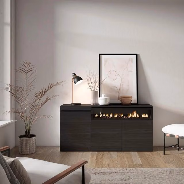 Credenza, Mobile, 150x35x75cm, 3 Porte, Camino elettrico, Nero RF2514