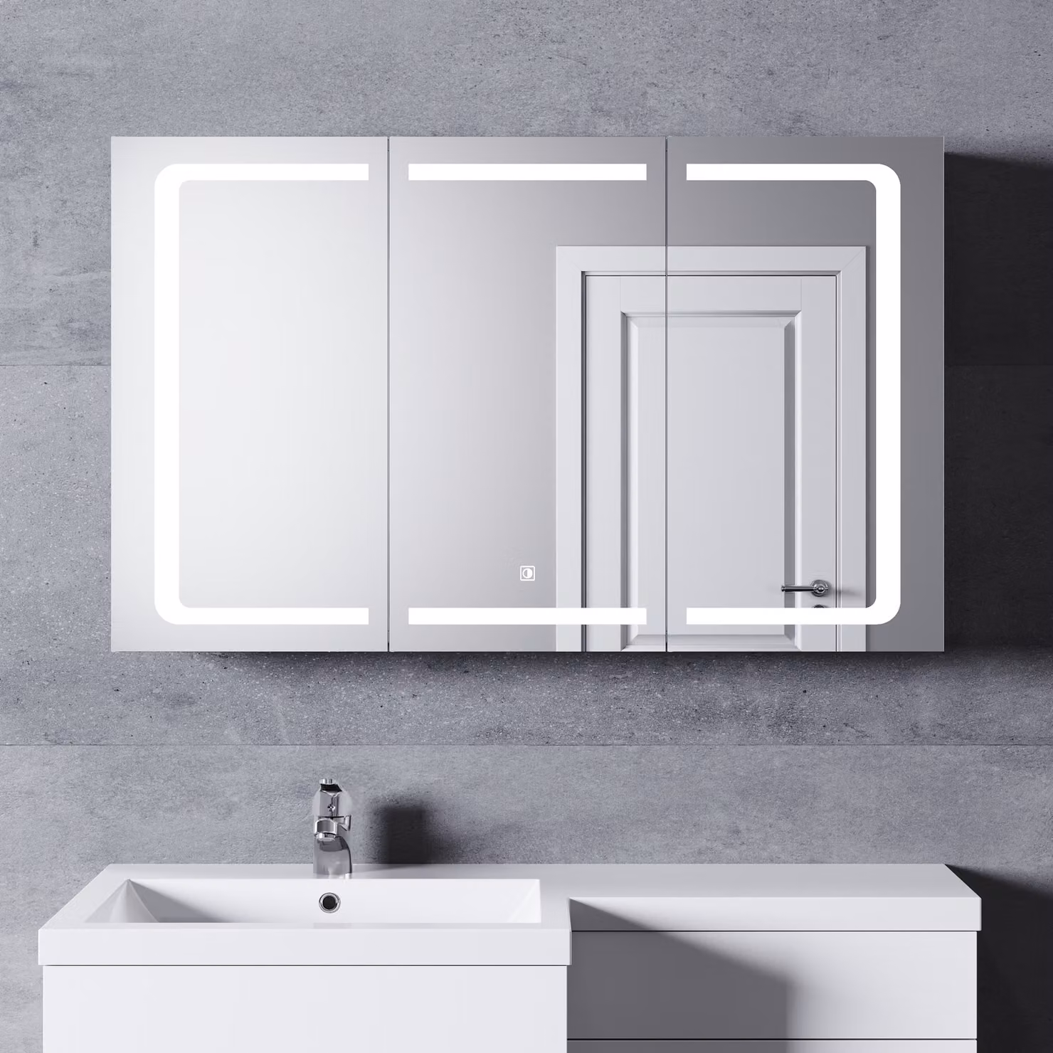 SONNI Armadio a specchio per bagno a 3 ante in acciaio inox 105x65cm con interruttore a sfioramento Illuminazione a LED a 3 colori design a cerniera senza fili con presa per rasoio
