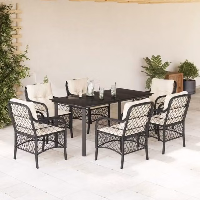 Set da Pranzo da Giardino 7 pz Nero con Cuscini in Polyrattan 3212093