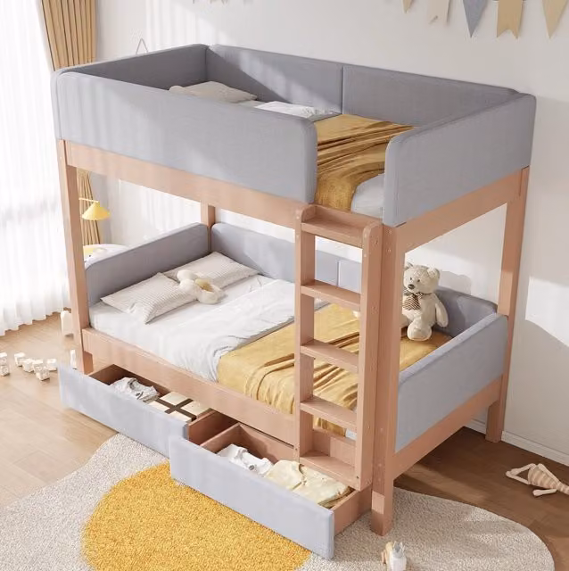 Letto a castello per bambini 90x200 cm in legno di gomma e MDF con scaletta a quattro gradini e due cassetti, grigio e naturale