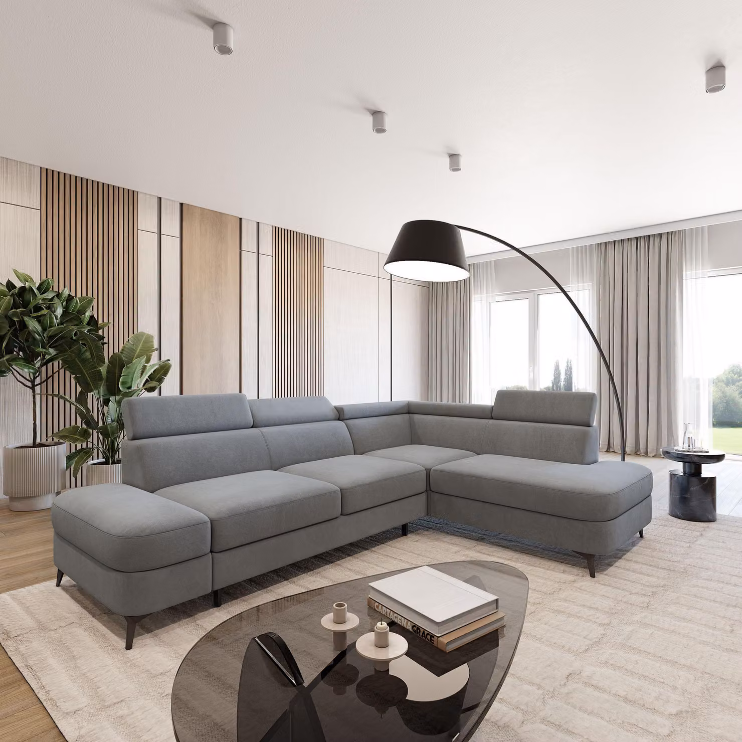 Divano ad angolo Masseno AVISE MV R-S con funzione letto a L, divano con contenitore, divano da salotto, divano, divano letto, set divani - Grigio, MATT VELVET 85