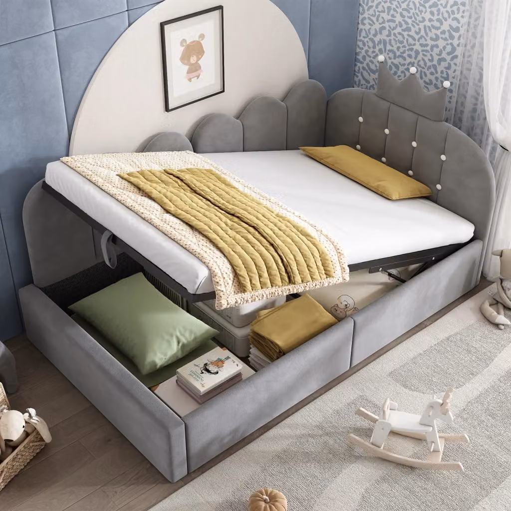 Letto singolo con contenitore idraulico e testiera imbottita in velluto grigio, L/P/H: 90 x 190 x 40.5 cm – 2