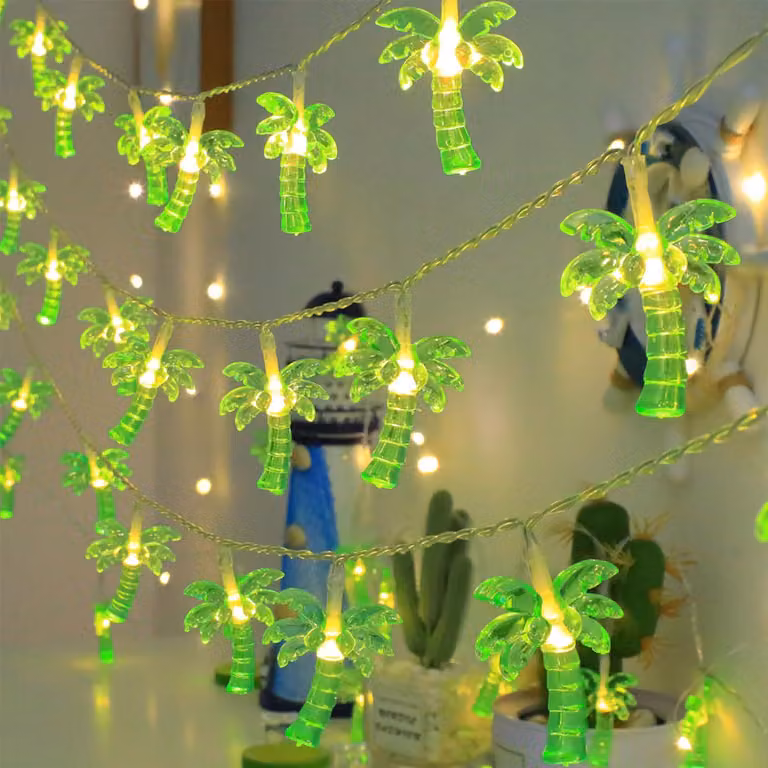 Catena luminosa a LED con motivi di palme, lunghezza 3 metri, 20 palme verdi, alimentazione a batteria