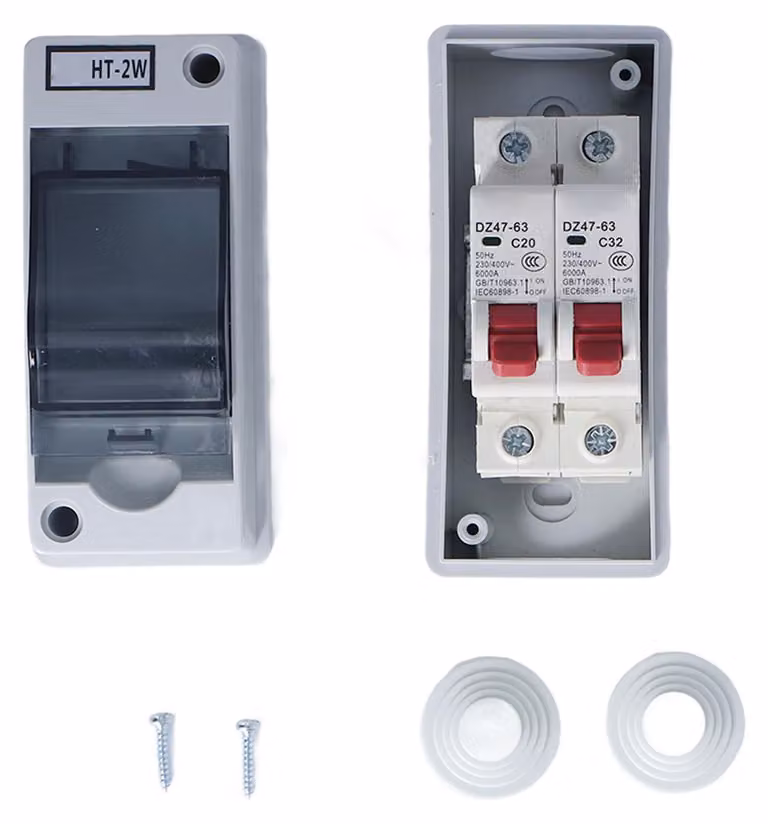 Cassetta di derivazione, grado di protezione IP65, impermeabile, a due vie, ignifuga, contenitore per interruttori automatici (MCB) di tipo C, per uso esterno, 20 A, 32 A
