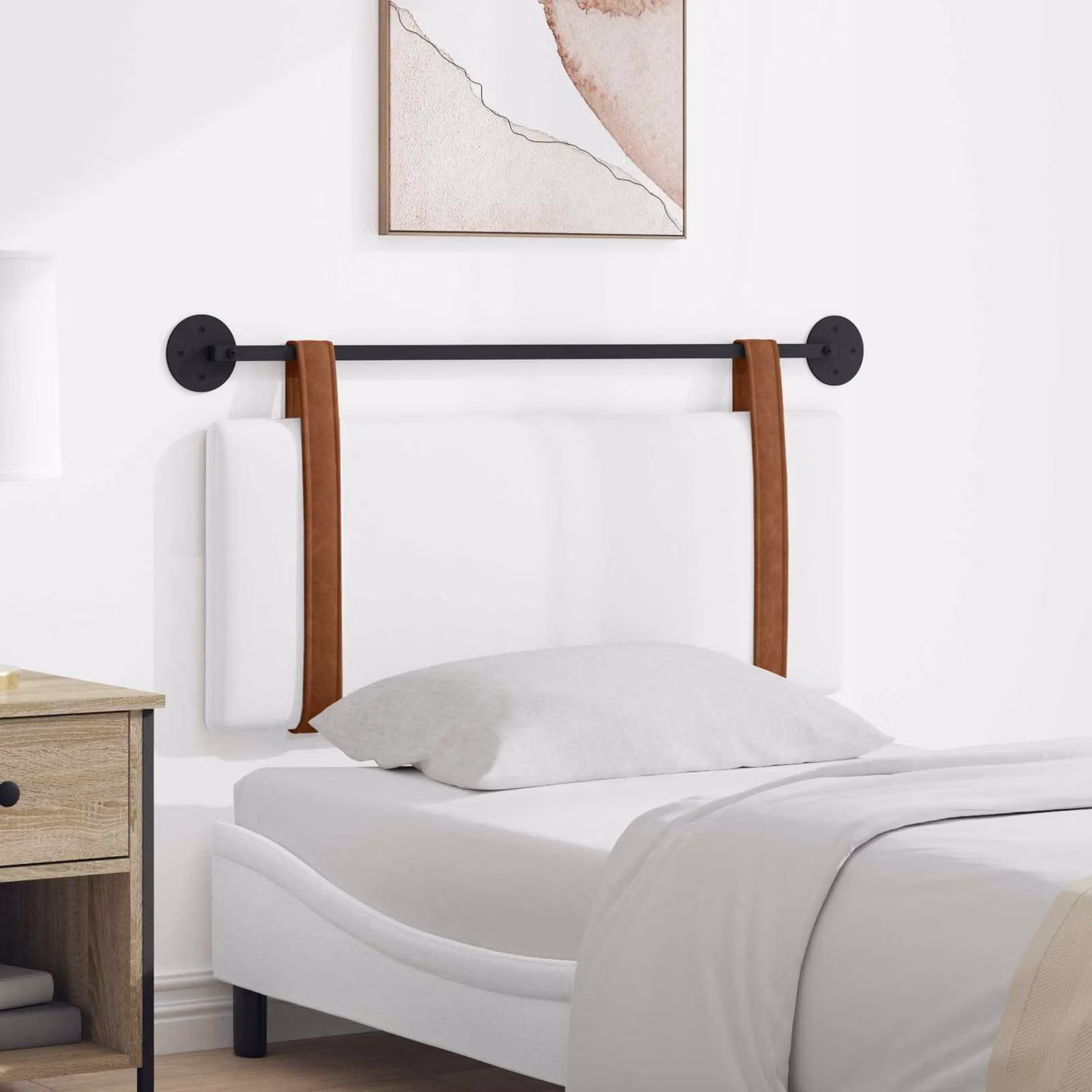 Testiera per letto sospesa vidaXL in similpelle bianca con pannello imbottito e struttura in legno e metallo, L: 110 cm, H: 55 cm, P: 5 cm