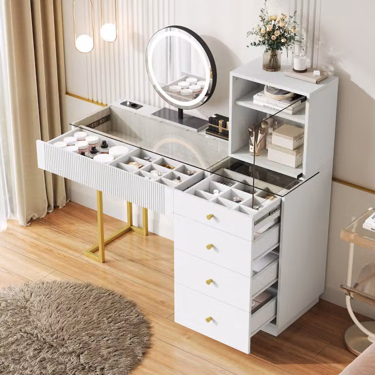 Set da toeletta MODFU Tavolo da toeletta con 5 cassetti e 1 armadio, comò da trucco con specchio LED e diversi vani portaoggetti, bianco