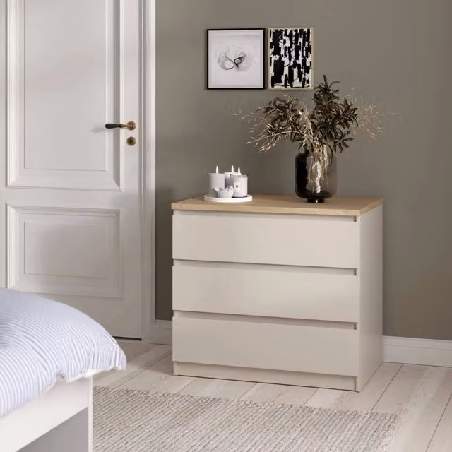 Cassettiera DMORA Beige con 3 cassetti in metallo per camera da letto o soggiorno L: 77 cm, P: 50 cm, H: 70 cm