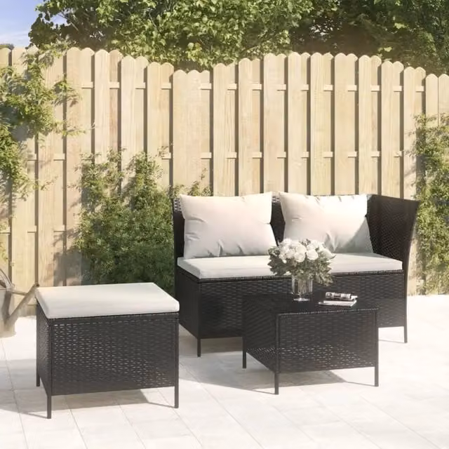 Set di Divani da Giardino a L vidaXL con Cuscini e Tavolino, Nero e Bianco