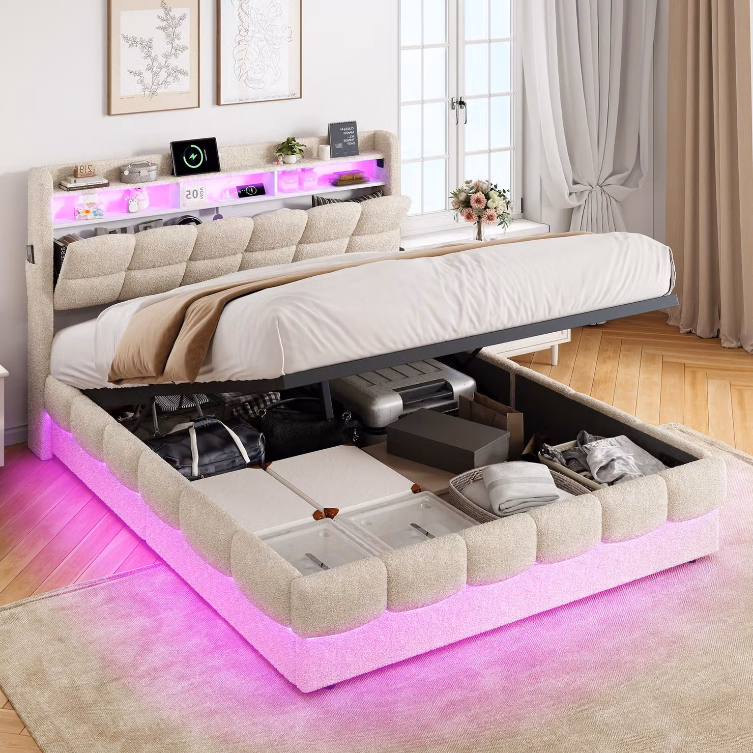 Letto matrimoniale con rete a molle INONEFT, 160 x 200 cm, con sistema di sollevamento idraulico e spazio contenitore, imbottito, con prese USB e illuminazione LED, ideale per ragazzi, rivestito in tessuto tipo "teddy" color beige