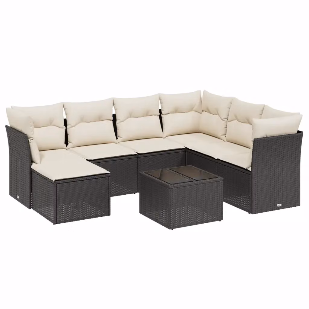 Set di divani da giardino vidaXL a forma di L con 8 pezzi, colore nero e bianco, in polyrattan con struttura in acciaio verniciato a polvere e cuscini imbottiti con rivestimenti rimovibili resistenti ai raggi UV – 2