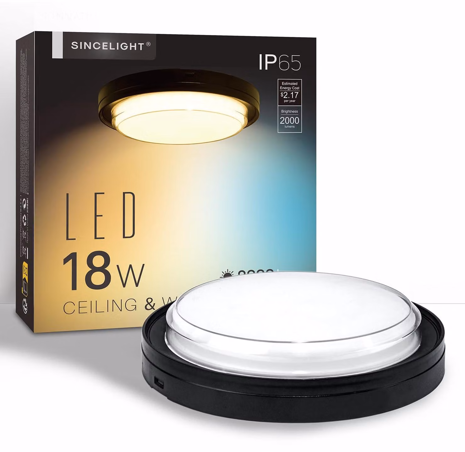 Pannello LED da soffitto, grado di protezione IP65, 18W, 2000 lumen, forma circolare, diametro 222mm, colore nero