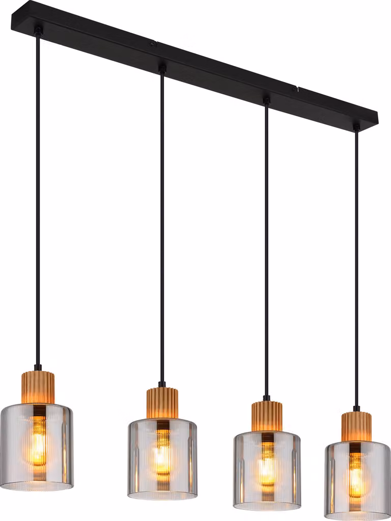 Lampada a sospensione Globo Lighting, struttura in metallo nero opaco, elementi in legno marrone scuro e vetro fumé, cavo in PVC nero, altezza regolabile, dimensioni: 780x120x1200 mm, esclusa lampadina: 4 x E27, 25W, 230V