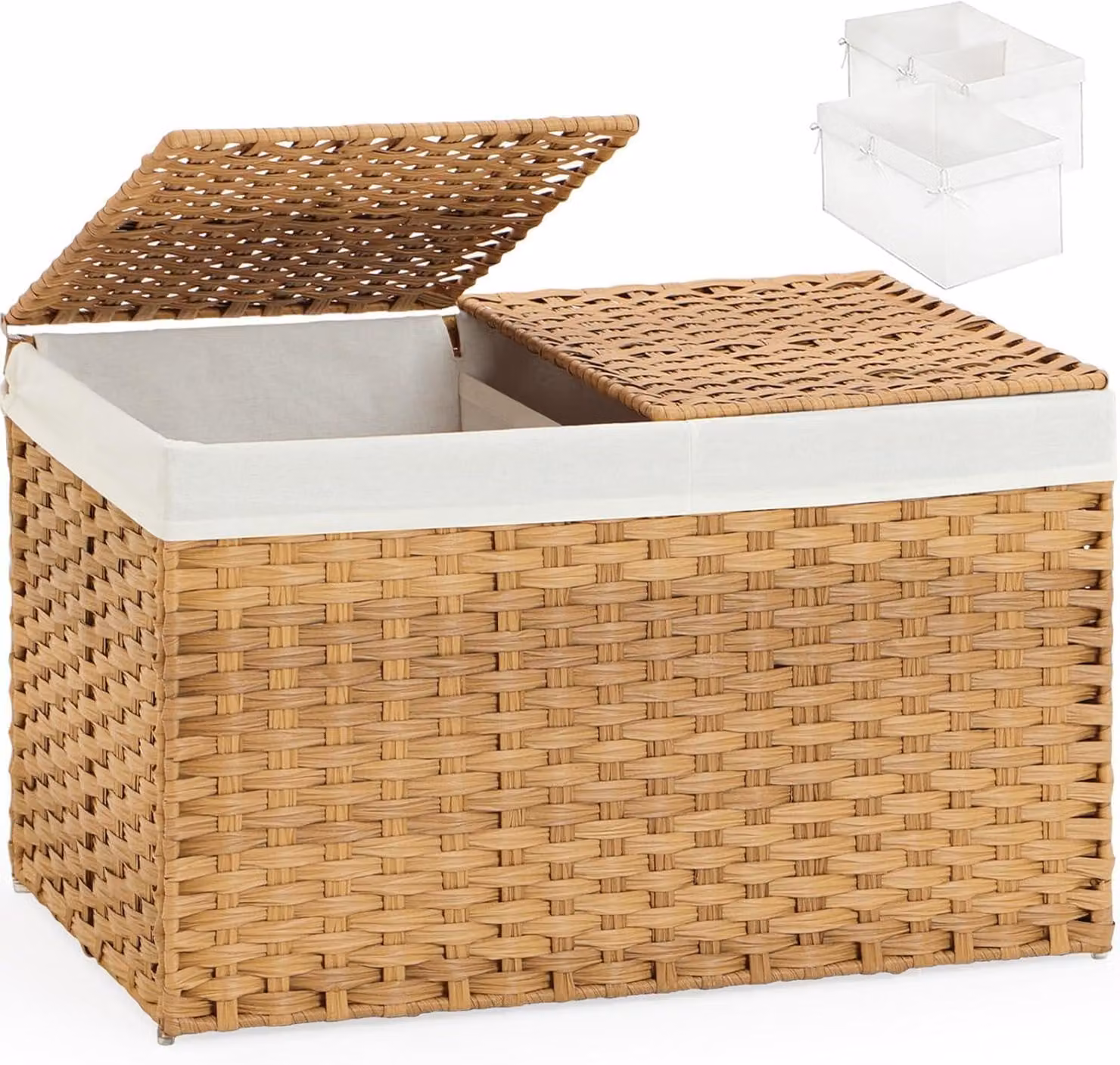 Cesto portaoggetti in rattan intrecciato a mano, capacità 65 litri, con coperchio, colore naturale