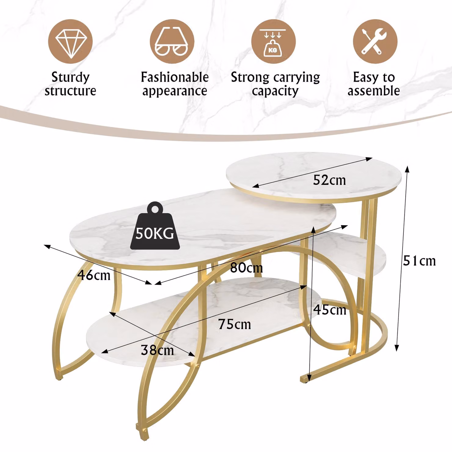 Set di tavolini da caffè - 2 pezzi, con tavolino supplementare - 80 x 46 x 45 cm - Forma ovale - Struttura in metallo - Spazio contenitivo - Design moderno e minimalista - Colore oro