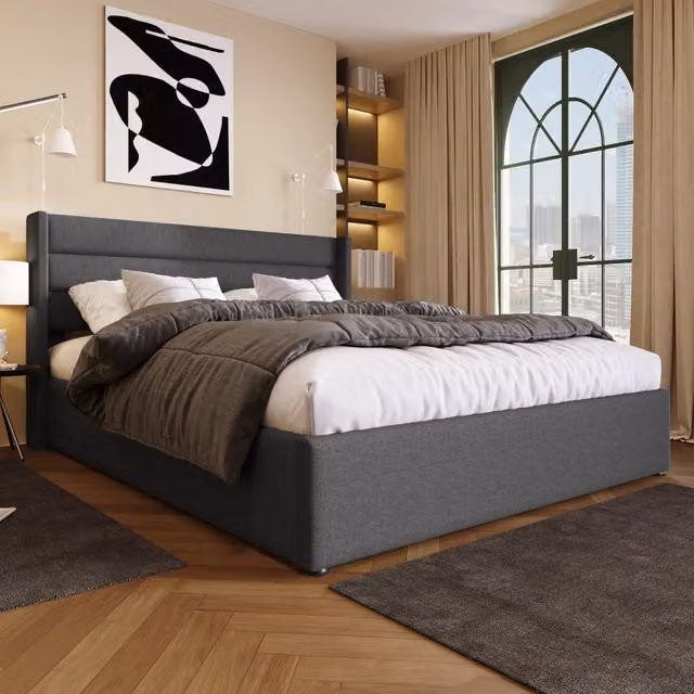 Letto contenitore 140 × 200 cm con rete sollevabile idraulica e testiera imbottita in lino grigio