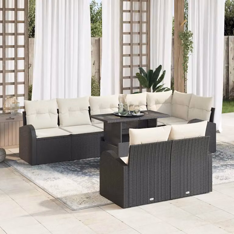 Set Divano da Giardino Moderno vidaXL 9 Pezzi Nero e Beige con Cuscini e Tavolino in Polyrattan e Acciaio