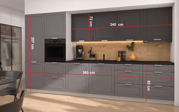 Mobile cucina KVANTUM 360cm frontali bianchi MDF grigio polvere grahpit opaco HETTICH guida a estrazione totale