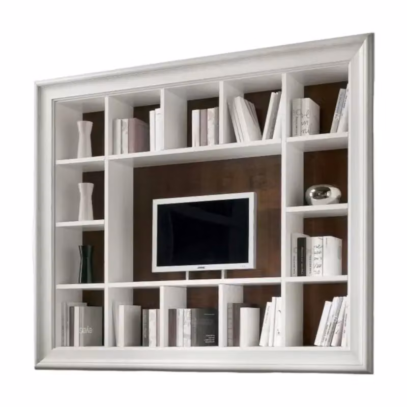 Parete porta TV sospesa Mobili 2G in legno bicolore bianco e marrone stile shabby con 14 vani L: 237 cm, P: 37 cm, H: 196 cm – 2
