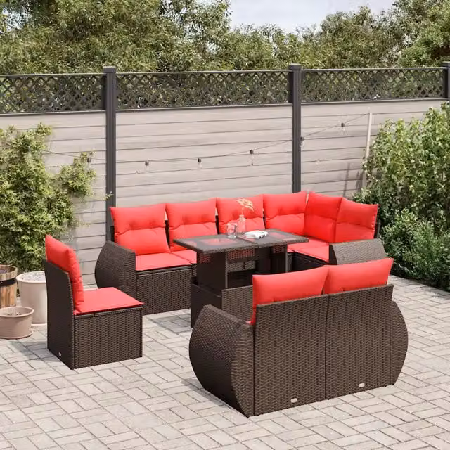 Set Divani da Giardino 9 pz con Cuscini Marrone in Polyrattan 3268674