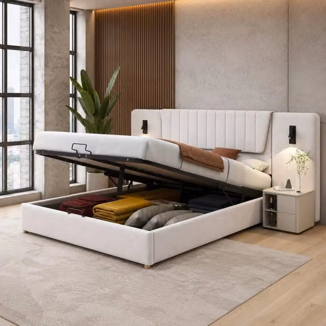 Letto imbottito 180x200 cm con testiera lunga; luci da lettura USB e contenitore idraulico; beige