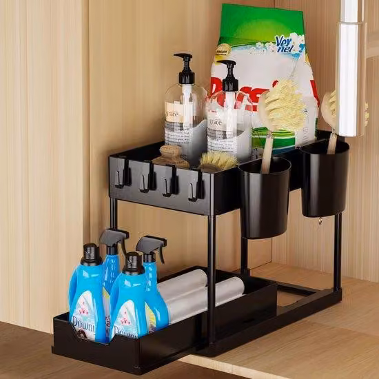 Organizer a 2 ripiani da posizionare sotto il lavabo, organizer a cassetto per il vano del cassonetto con griglia di supporto, organizer da incasso con 4 ganci e 2 vaschette, per bagno e cucina, nero